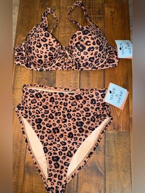 Shade & Shore Leopard Print High-Waist Bikini in Rust and Black